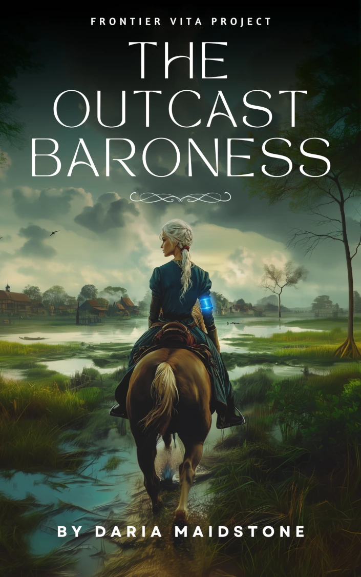 Book cover for 'The Outcast Baroness' by Daria Maidstone, part of the Frontier Vita Project. The image shows a woman with white-blonde hair riding a brown horse through a misty wetland landscape. She wears a dark blue dress and carries a glowing blue lantern or magical item. In the background are rural houses and a moody sky with clouds. The art style is digital fantasy illustration with atmospheric lighting.